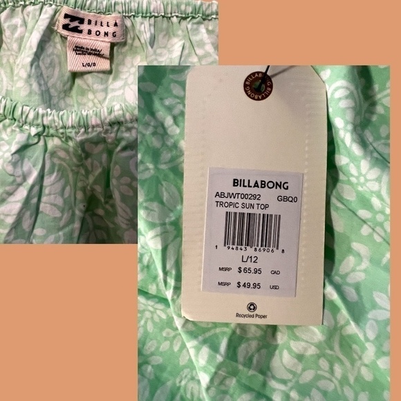 BILLABONG Tropic Sun Woven Blousen Sleeve Smocked-Back Cotton Crop Top-LG NWT - Picture 9 of 13